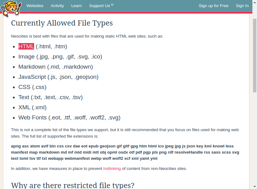 [Screenshot of Neocities page: 'Currently Allowed File Types'. 'HTML' is highlighted for some reason.]