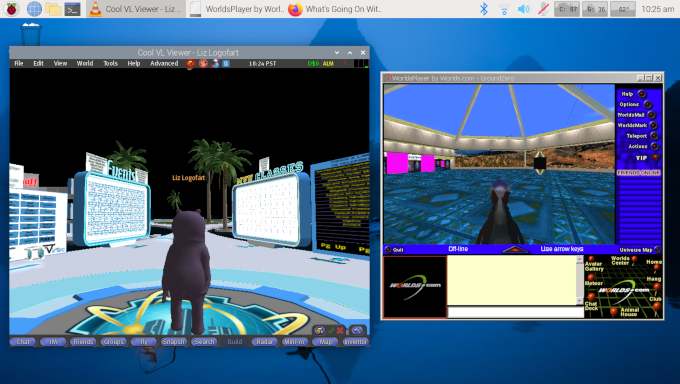 Two generations of metaverse client open. on the left is 
			Cool Vl Viewer displaying the DigiWorldz Welcome area, and on the right is WorldsPlayer displaying 
			GroundZero.