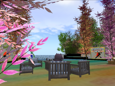 An anthropomorphic hippo avatar (mine) sits at a wood picnic table surrounded by ocean and some
			very nice, very aliased trees. Location: "Complejo Disco" in OSgrid;.