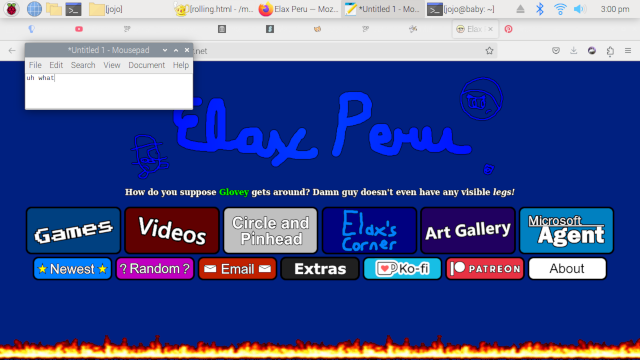 Alex Parr updated his site. The current owner's pesona is
		"Elax Peru", and uh the front page seems the same as it was, except the main
		colour is now dark blue instead of yellow, there's an extra button for "Elax's Corner",
		and there's a line of animated fire along the bottom. And, oh yes, the wordmark signature
		now reads "Elax Peru" instead of "Alex Parr".