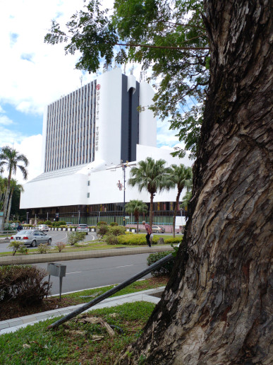 Now: Same as before except there's more of the tree on the right (the image is wider). 
					 Stripe has been widened....i dont know how to explain this.
					 A few cell antennae poke up above the tower. This is normal for old buildings here.