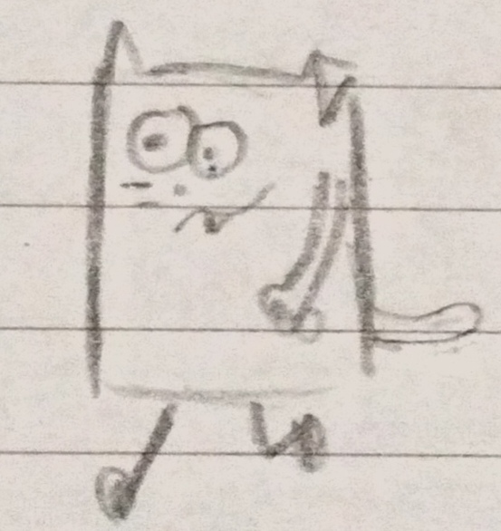 a cropped picture of a small sketch of an angular anthropomorphic cat mid stride. They have a neutral or perplexed expression, with a fang sticking out under their top lip, and one perked and floppy ear.